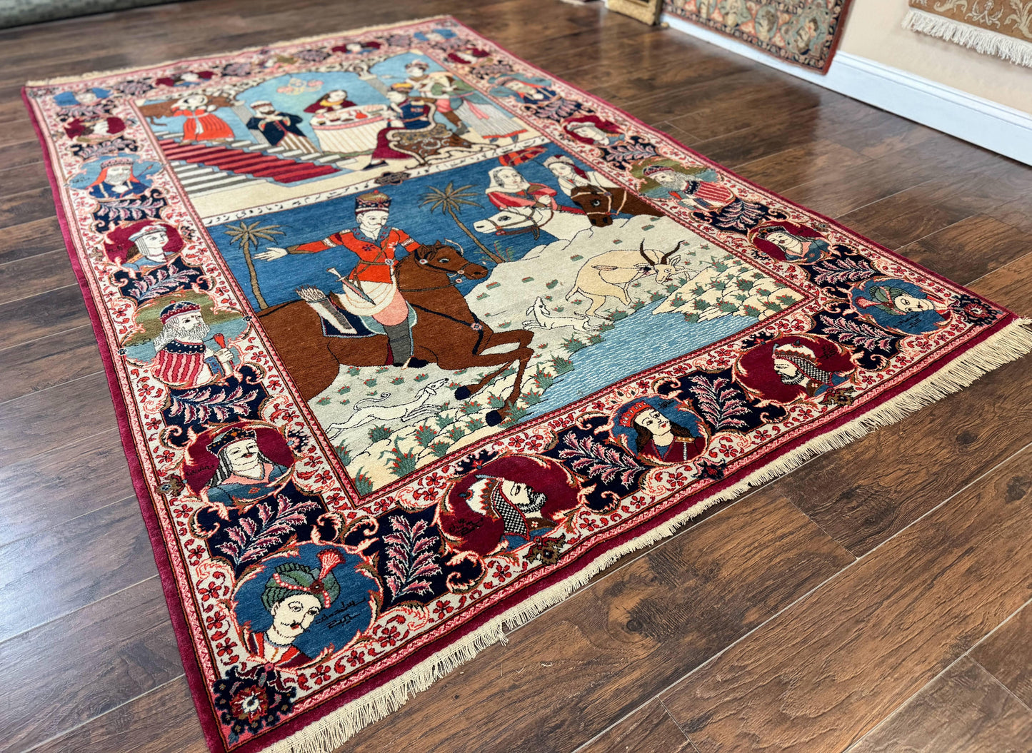 Rare Persian Kashan Pictorial Rug 6x9, King Bahram Hunting Scene, Persian Kings, Hand Knotted Persian Rug for Wall Hanging, Antique, Wool
