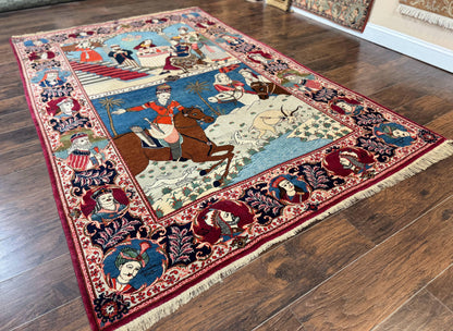 Rare Persian Kashan Pictorial Rug 6x9, King Bahram Hunting Scene, Persian Kings, Hand Knotted Persian Rug for Wall Hanging, Antique, Wool