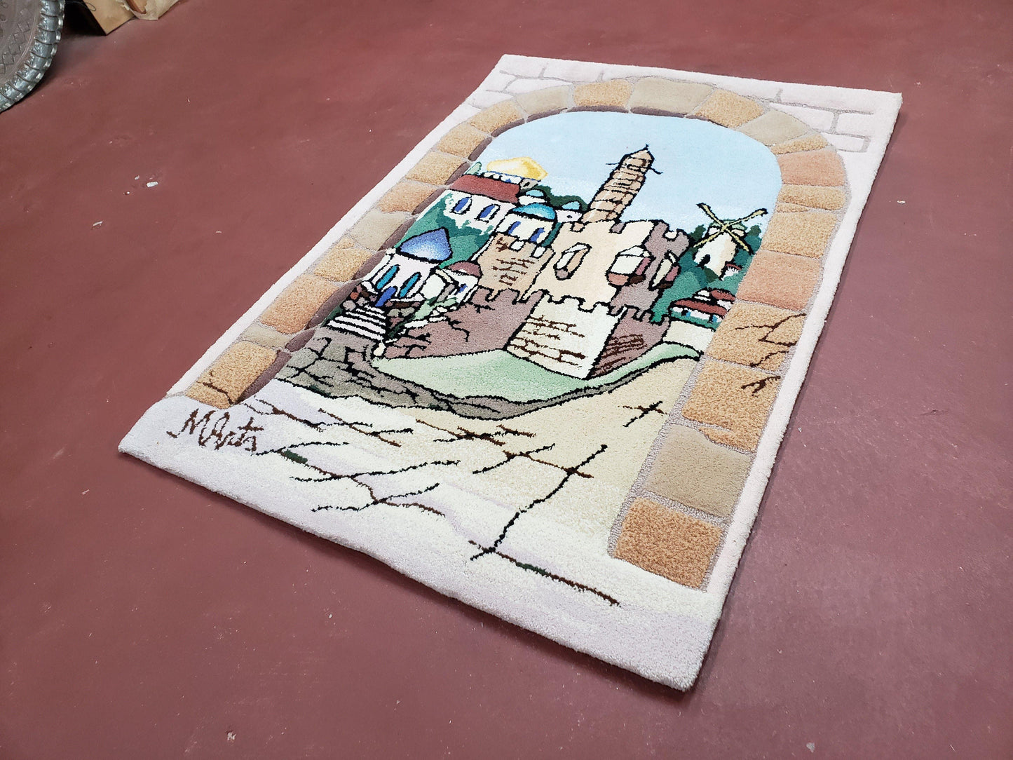 Small Judaica Rug, Rug with Jerusalem Pictorial, Chanuka Gift, Hand-Tufted, Jerusalem Gate, Vintage Judaica, Western Wall Rug, 3x4 Rug