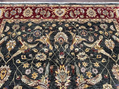 Pak Persian Mahal Rug 9x12, Allover Floral Pakistani Oriental Carpet 9 x 12, Wool Hand Knotted Area Rug, Dark Slate Gray-Black and Maroon