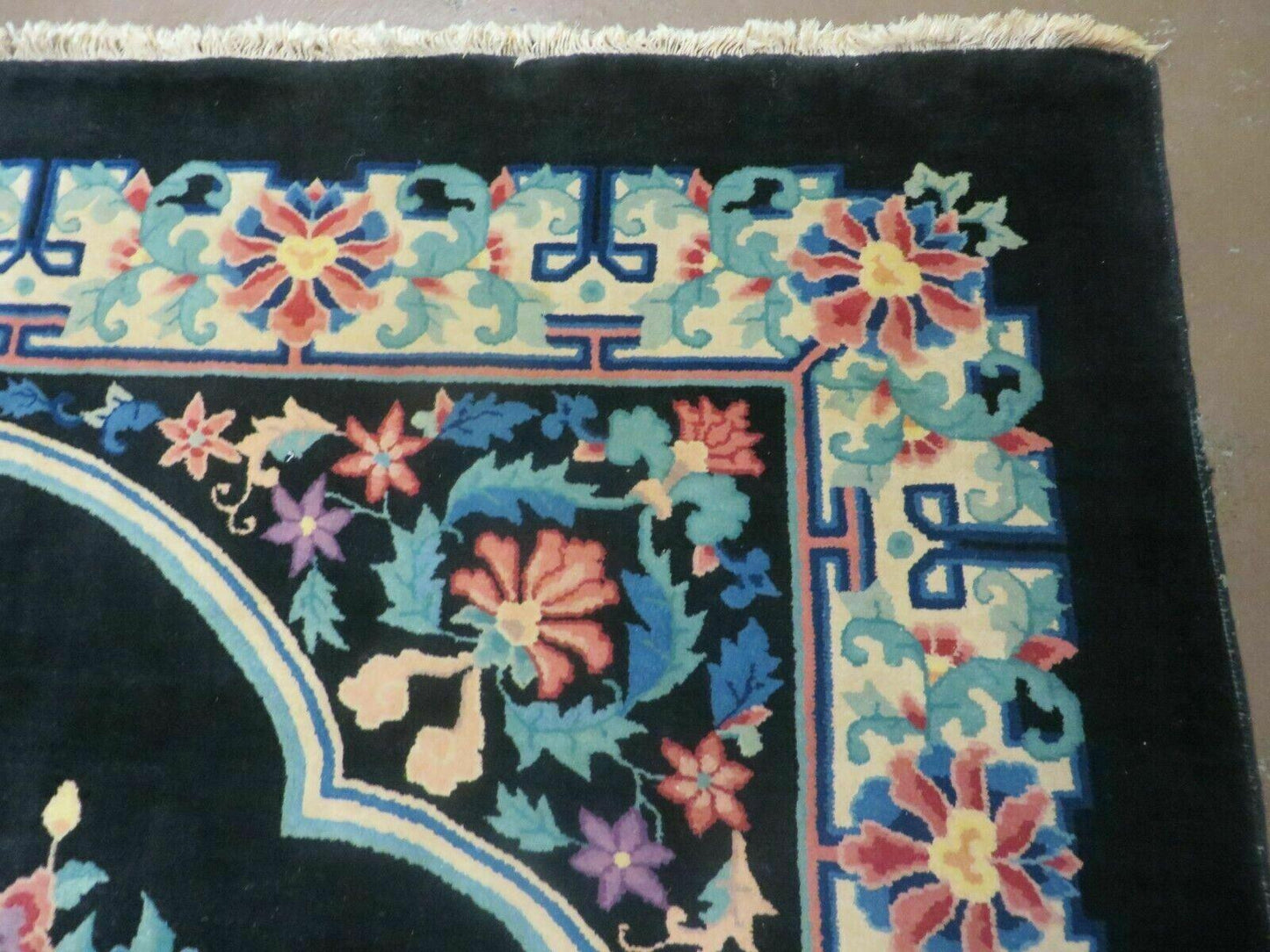 Art Deco Wool Rug Vintage Hand Knotted 8x10 Center Flower Black