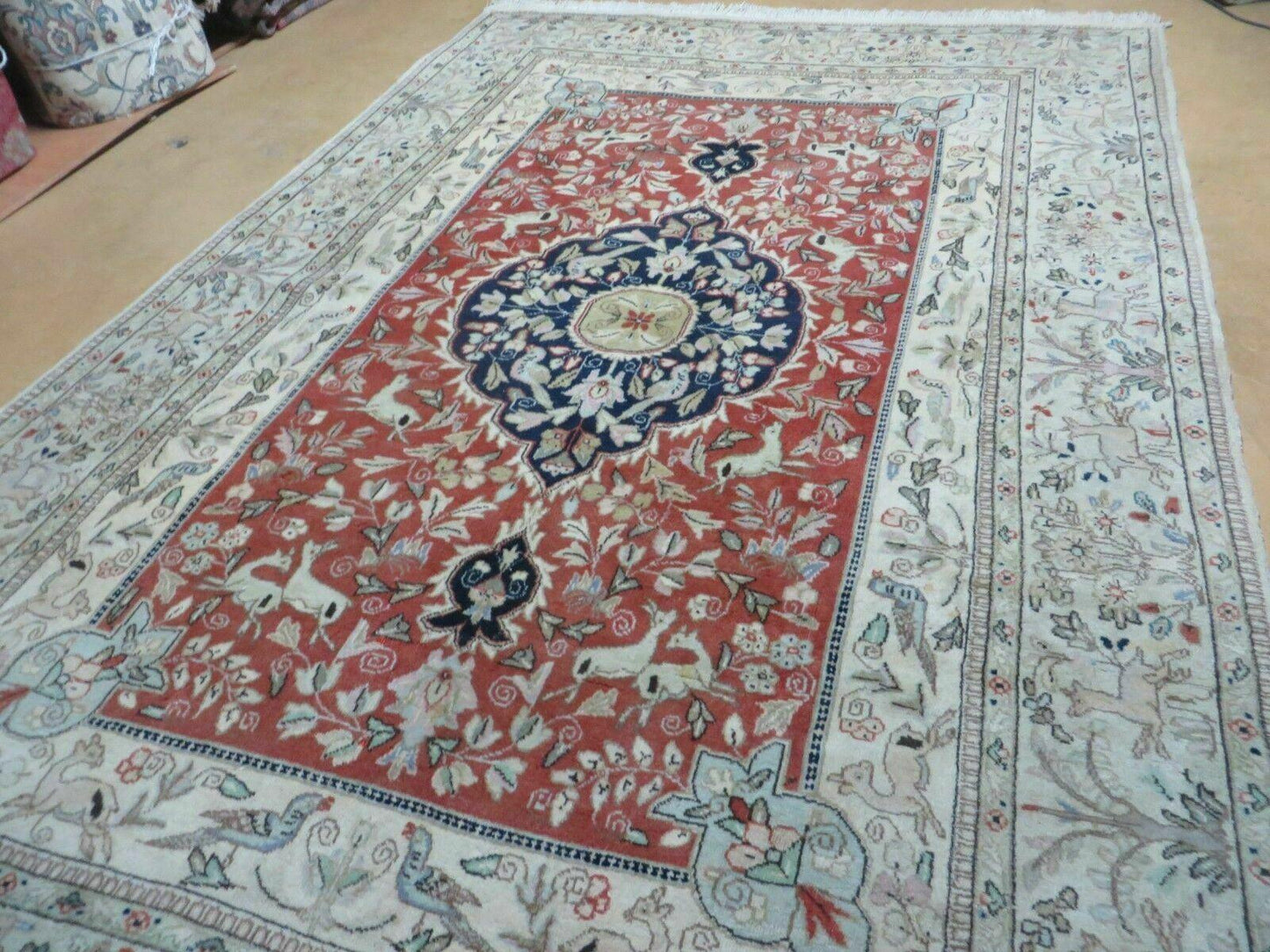 Vintage Indian Wool Rug Hunting Birds And Deer Oriental Floral Design 6 By 9