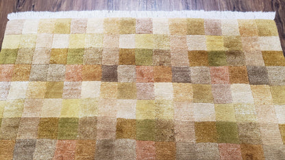 Tibetan Rug 4x6 Modern Abstract Handmade Area Rug With Checkerboard Pattern Ivory Gold Tan