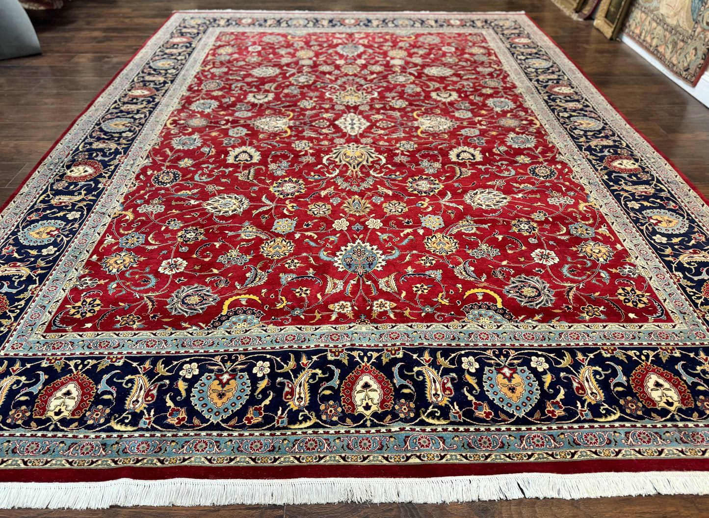 Hand Knotted Persian Rug 9x12 Red Navy Blue Floral Wool Vintage 260 KPSI Carpet