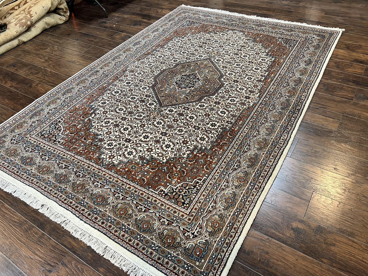 Indo Persian Rug 7x10 ft, Hand Knotted Wool Vintage Oriental Carpet 7 x 10, Traditional Handmade Herati Bidjar Cream Rug, Medallion Rug