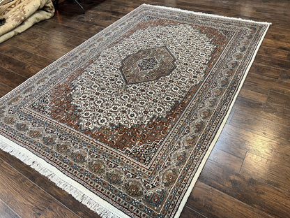 Indo Persian Rug 7x10 ft, Hand Knotted Wool Vintage Oriental Carpet 7 x 10, Traditional Handmade Herati Bidjar Cream Rug, Medallion Rug