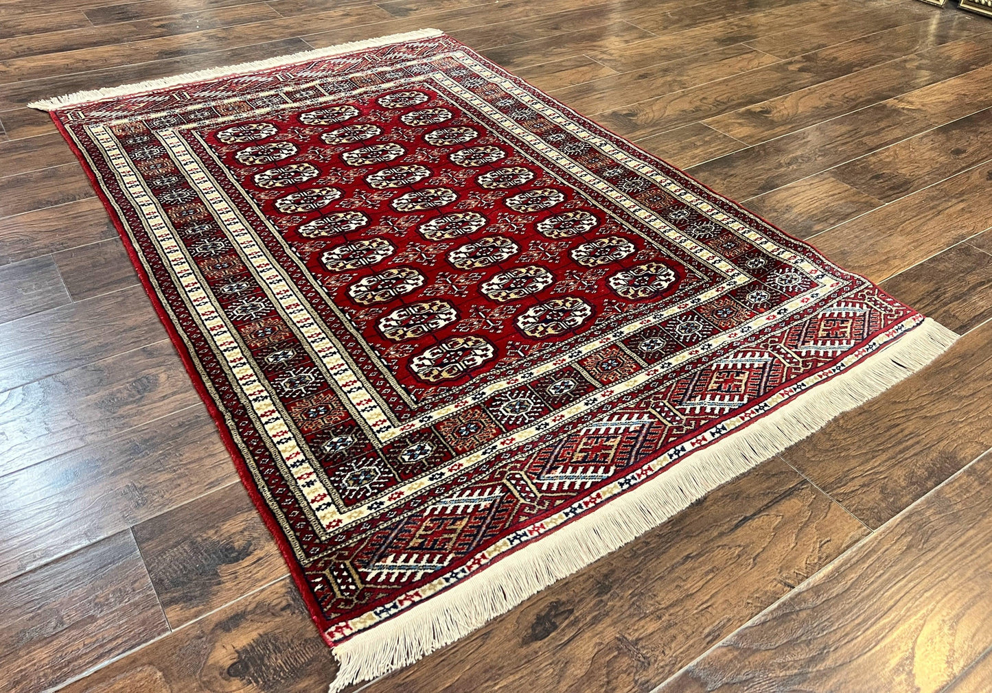 Pakistani Bokhara Rug 4x6, Red Turkoman Carpet, Finely Hand Knotted, Wool Vintage Rug