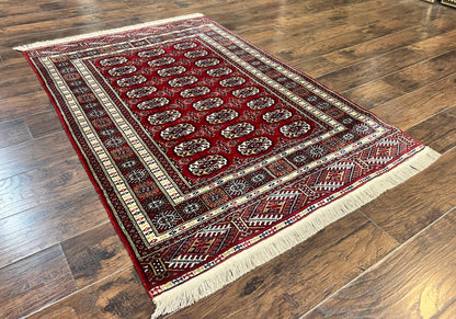 Pakistani Bokhara Rug 4x6, Red Turkoman Carpet, Finely Hand Knotted, Wool Vintage Rug