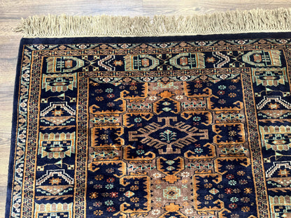 Vintage Afghan Rug 4x6, Navy Blue and Light Brown, Geometric Medallions, Wool on Wool, Tribal Rug