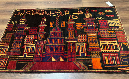 Balouch Rug 3x5 City Pictorial Afghan Hand Knotted Wool Area Rug