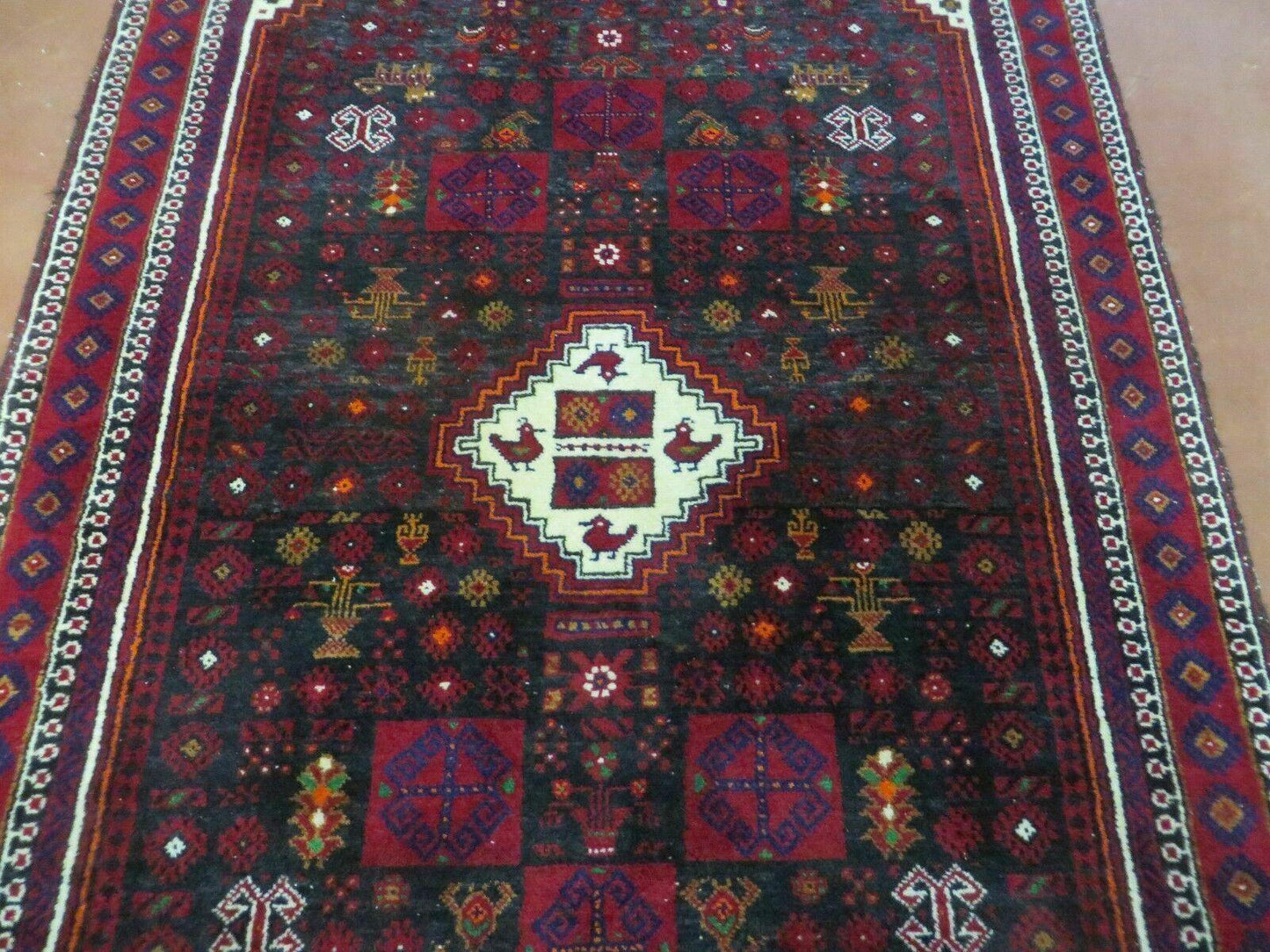 Vintage Handmade Indian Jaipur Rug Bird Carpet Wool Full Pile 4x7