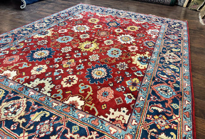 Indo Heriz Rug 8x10, Red and Navy Blue, Allover Pattern, Wool Handmade Carpet