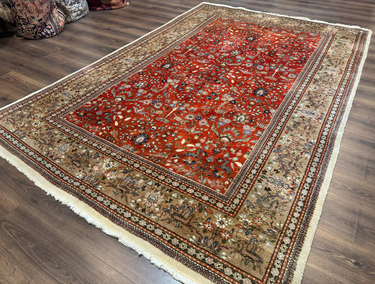 Persian Tabriz Rug 6x10, Burnt Orange and Tan, Animal Pictorials, Deer, Floral, Taba Tabae Carpet