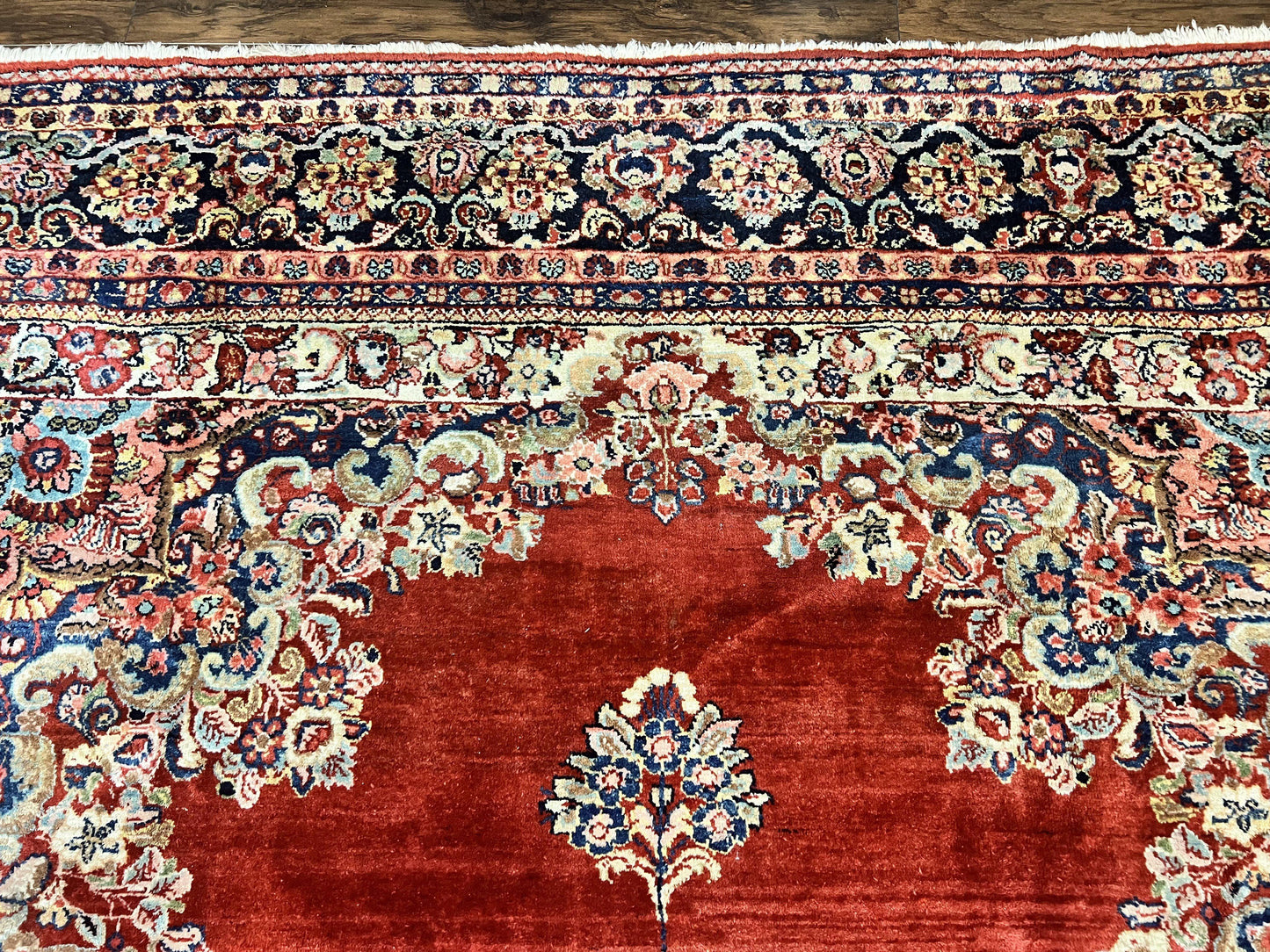 Persian Sarouk Rug 11x14, Semi Open Field, Large Antique Persian Wool Handmade Carpet, Red and Dark Blue, Floral