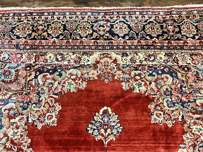 Persian Sarouk Rug 11x14, Semi Open Field, Large Antique Persian Wool Handmade Carpet, Red and Dark Blue, Floral