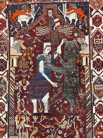 Persian Shiraz Pictorial Rug Antique Handmade Wool Lions Tribal Rug 3.6 by 5