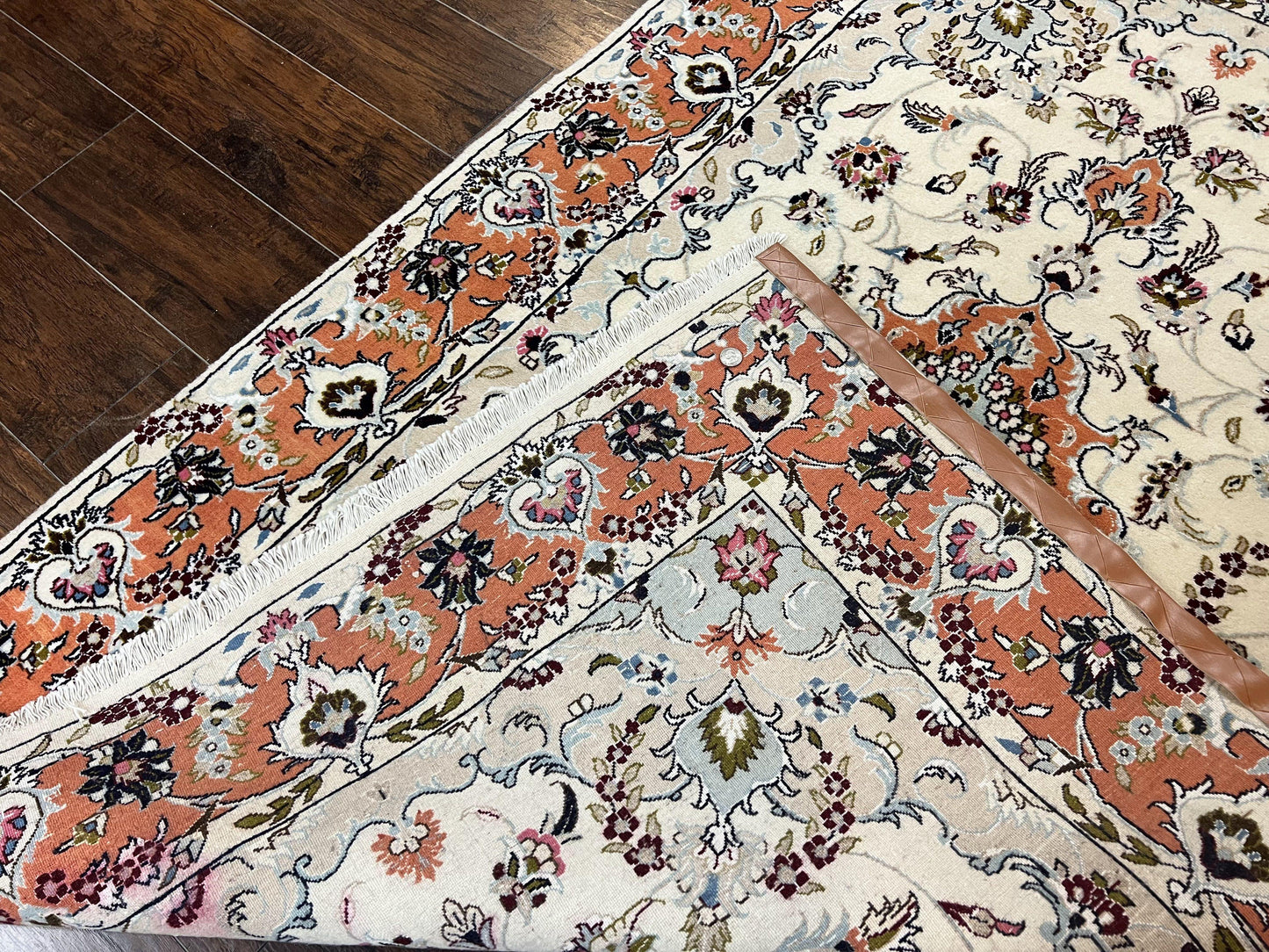 Persian Tabriz Rug 4.5  x 6.8, Finely Hand Knotted Wool with Silk Highlights Vintage Oriental Carpet, Cream and Salmon, High KPSI, Floral Medallion