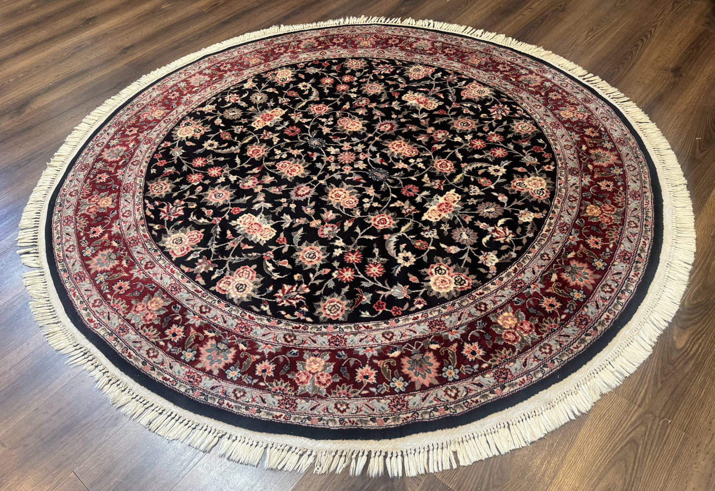 Round Sino Persian Rug 6x6 Floral Navy Blue Red Wool Silk Highlights