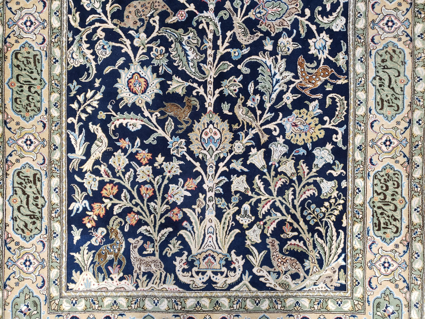 Persian Qum Tree Of Life Rug Hand Knotted Wool Midnight Blue And Tan With Poem Borders 4ft 8in By 7ft 8in