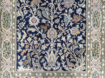 Persian Qum Tree Of Life Rug Hand Knotted Wool Midnight Blue And Tan With Poem Borders 4ft 8in By 7ft 8in