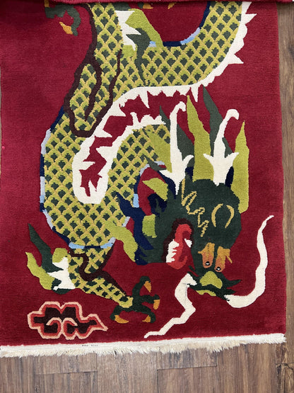 Vintage Chinese Dragon Rug 3 x 6.8, Handmade Hand Knotted Red Chinese Carpet with Gold Dragon, Art Deco Peking Soft Chinese Rug Runner