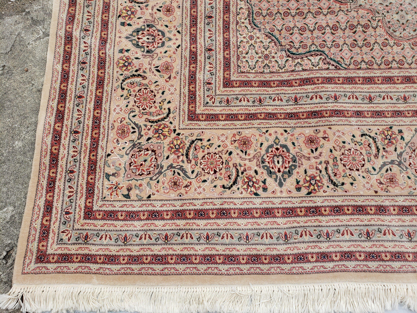 Stunning Oversized Sino Persian Oriental Rug 12x15, Hand Knotted Wool & Silk Palace Sized Carpet, Mahi Pattern, Very Fine, Peach Beige, Wow