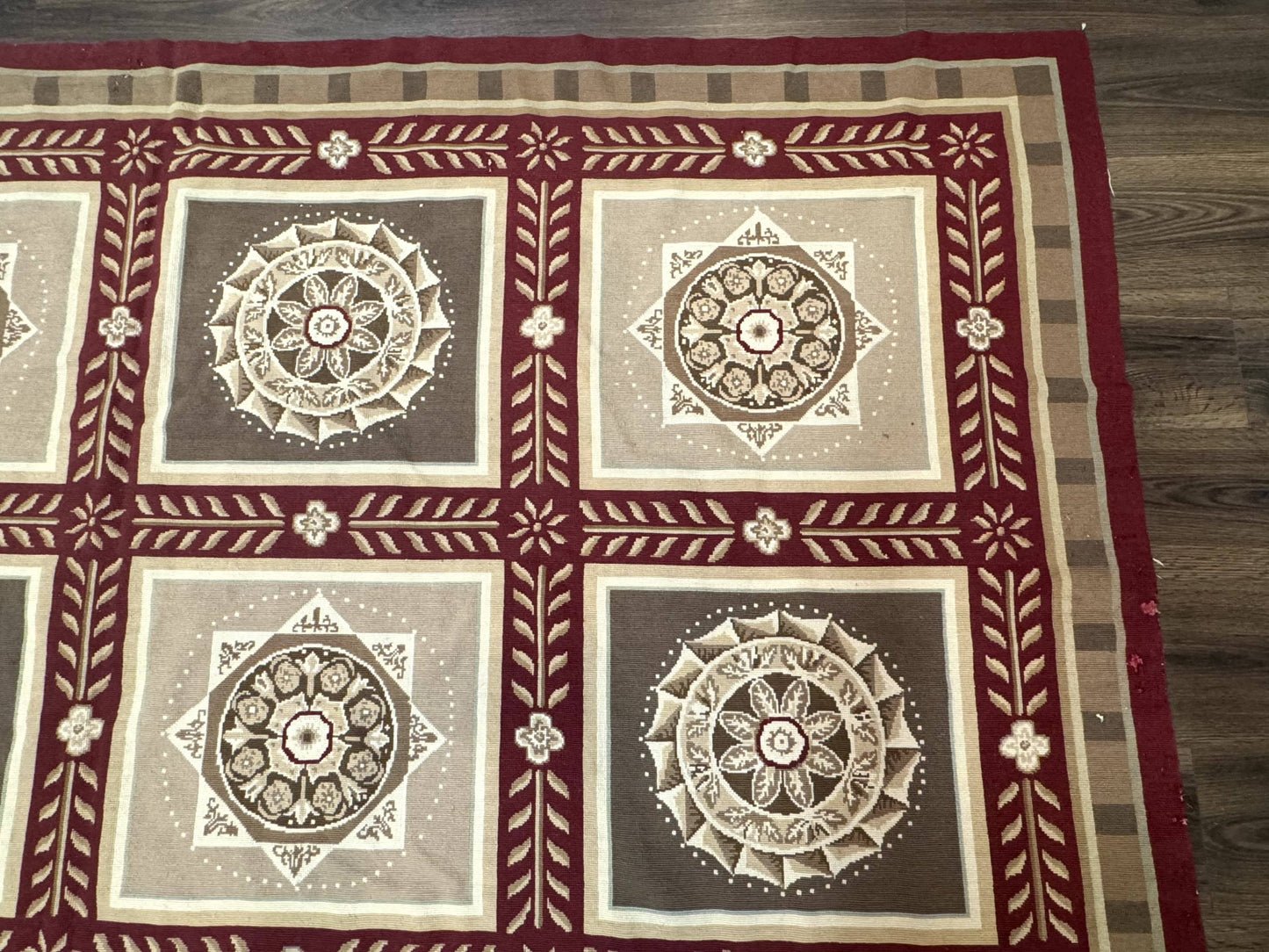 Needlepoint Rug 9x12, Panel Design, Burgundy Taupe, Elegant