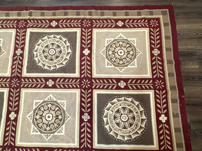 Needlepoint Rug 9x12, Panel Design, Burgundy Taupe, Elegant