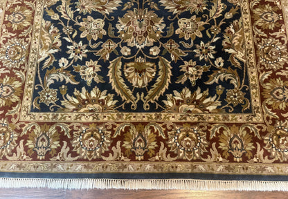 Indian Agra Rug 6x9, Floral, Traditional Rug, Dark Green Maroon Tan