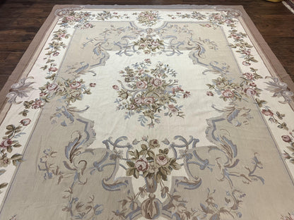 Aubusson Needlepoint Rug 9x12 Vintage Handmade Wool Beige Floral Roses European Elegant