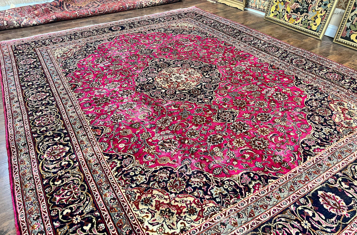 Persian Rug 10x13 Hand Knotted Wool Kashmar Carpet With Floral Medallion In Raspberry Red And Navy Blue