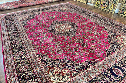 Persian Rug 10x13 Hand Knotted Wool Kashmar Carpet With Floral Medallion In Raspberry Red And Navy Blue