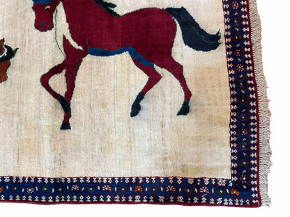 Handmade Wool Pictorial Horse Rug Hand Knotted 3.5 By 5 Brown