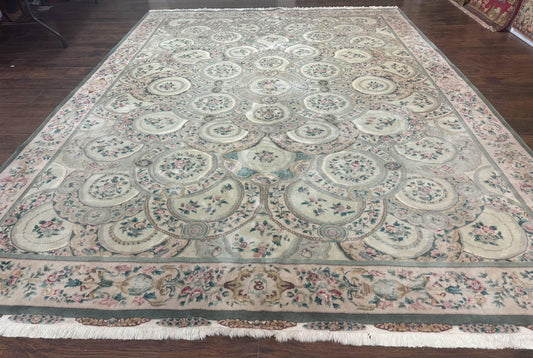 Pak Persian Rug Wool 9x12 Hand Knotted With Silk Highlights Floral Green European Design