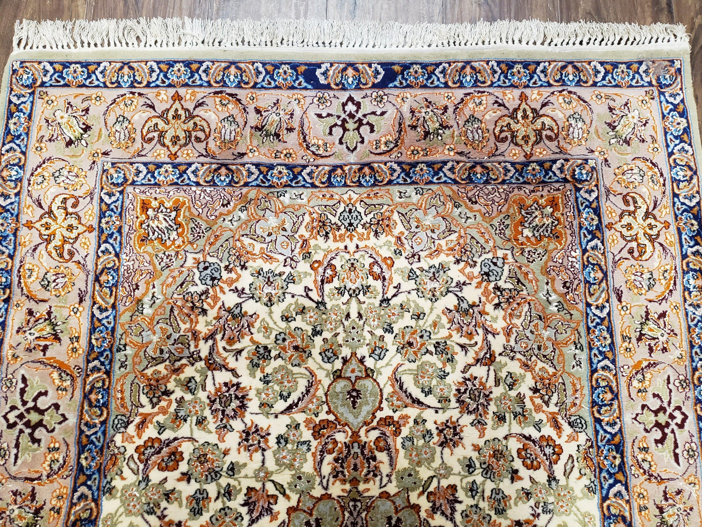 Premium Persian Isfahan Lachak Toranj Rug Hand Knotted Kork Wool On Silk Beige And Dark Blue 3 Ft 6 In By 5 Ft 4 In
