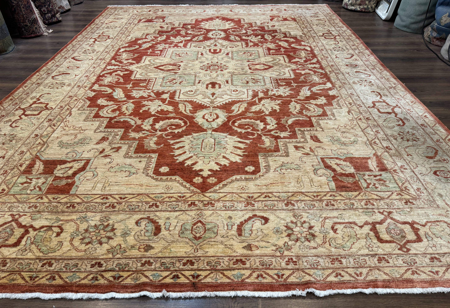 Turkish Heriz Serapi Rug 9x13 Geometric Medallion Hand Knotted Wool Vintage Area Rug