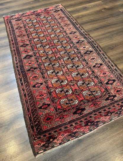 Antique Turkoman Rug 3.7 x 6.7, Red, Wool Runner Rug