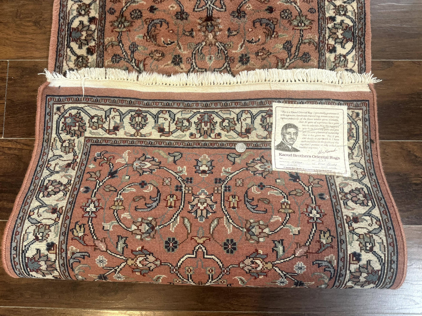 Indo Persian Runner Rug 2.6 x 10, Coral and Cream, Hand Knotted 10ft Wool Oriental Runner for Hallway or Kitchen