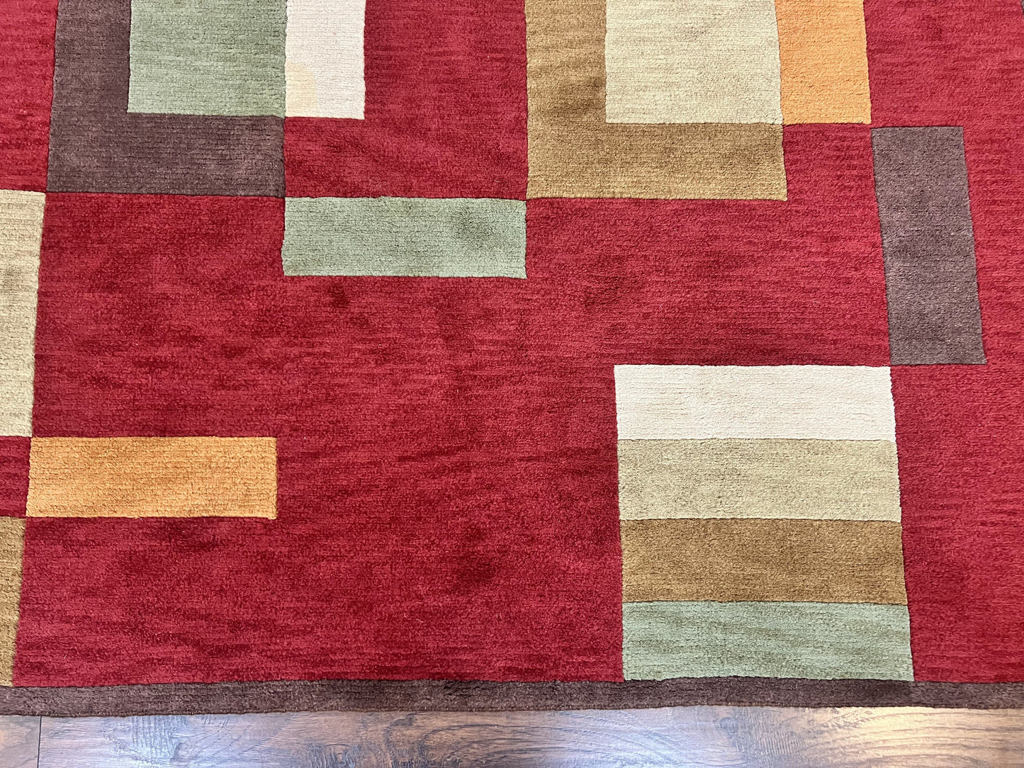 Indo Tibetan Modern Rug 5x8, Abstract Rug 5 x 8 ft, Red Multicolor Wool Handmade Contemporary Area Rug