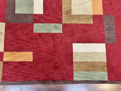 Indo Tibetan Modern Rug 5x8, Abstract Rug 5 x 8 ft, Red Multicolor Wool Handmade Contemporary Area Rug