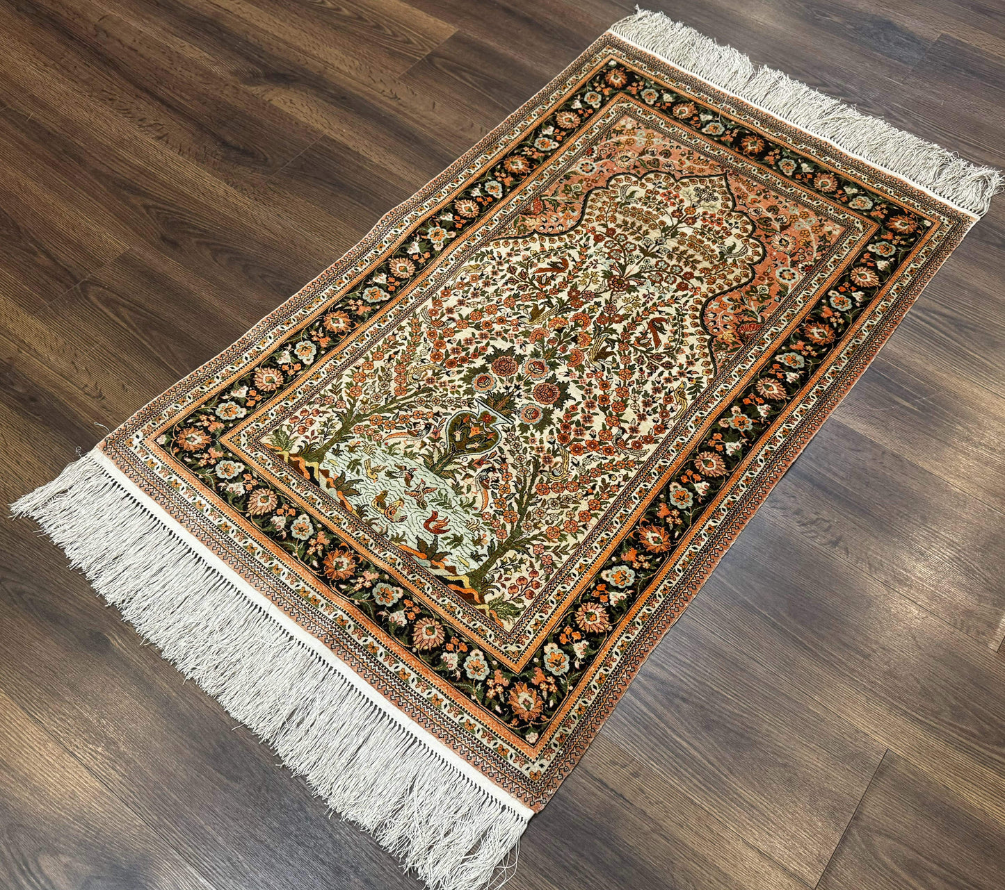 Handmade Silk Rug 2.6 By 4 Tree Of Life Vase Bird Pictorial Very Fine 630 KPSI