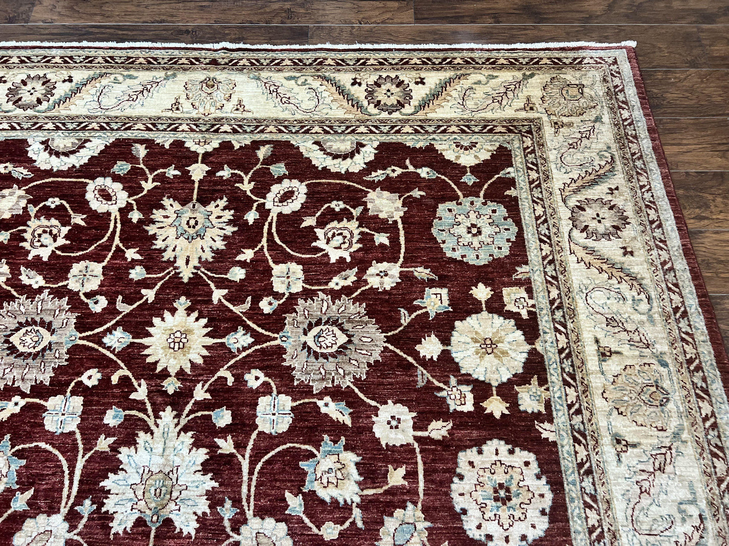 Peshawar Rug 9x11, Pakistani Oriental Carpet, Maroon and Beige, Floral Allover, Wool Hand Knotted Handmade Vintage Rug
