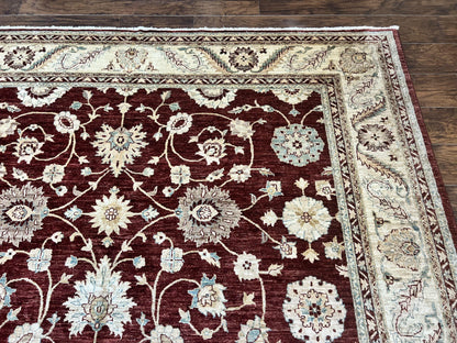 Peshawar Rug 9x11, Pakistani Oriental Carpet, Maroon and Beige, Floral Allover, Wool Hand Knotted Handmade Vintage Rug