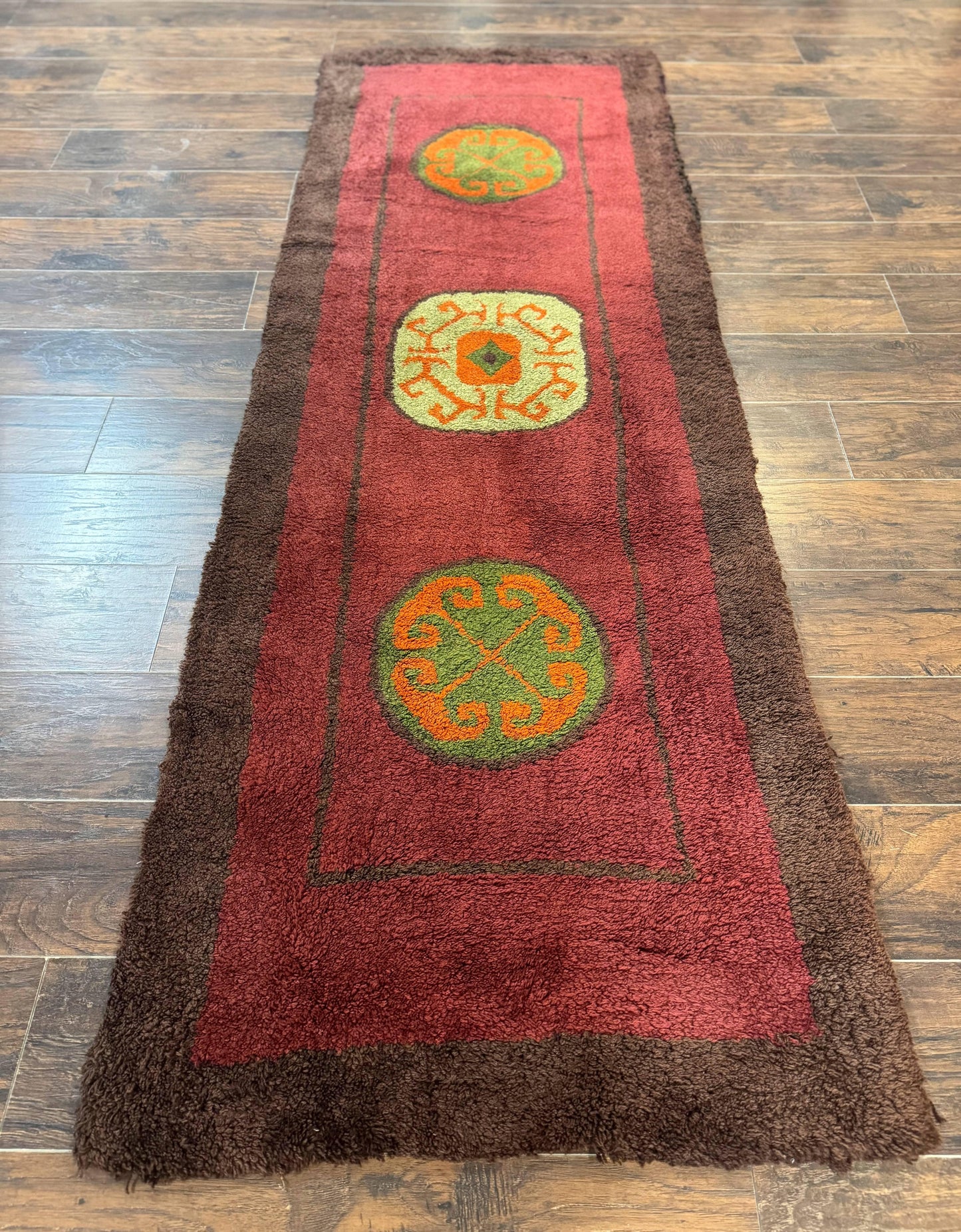 German Hooked Runner Rug 3x8, Vintage, Red, Wool