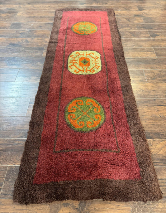 German Hooked Runner Rug 3x8, Vintage, Red, Wool