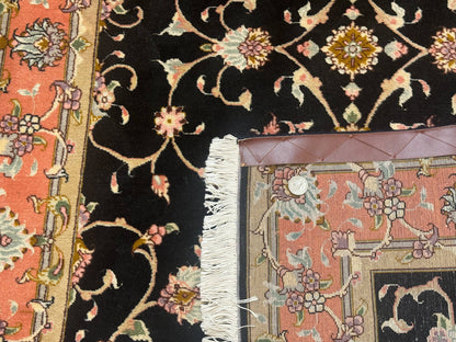 Persian Tabriz Rug 3x5 Black and Salmon Floral Fine Handmade 360 KPSI