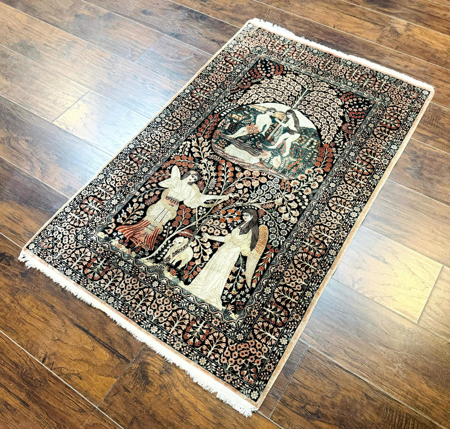 Stunning Sino Persian Pictorial Rug 2.7 x 4, Garden of Eden Adam & Eve Tree of Life Design, Extremely Fine 580 KPSI, Masterpiece