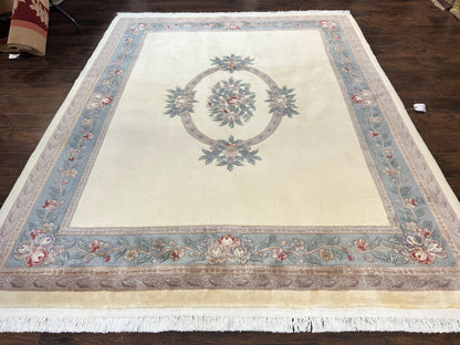 Chinese Wool Rug 8x10 Handknotted 120 Line Cream Aubusson Art Deco Oriental Rug
