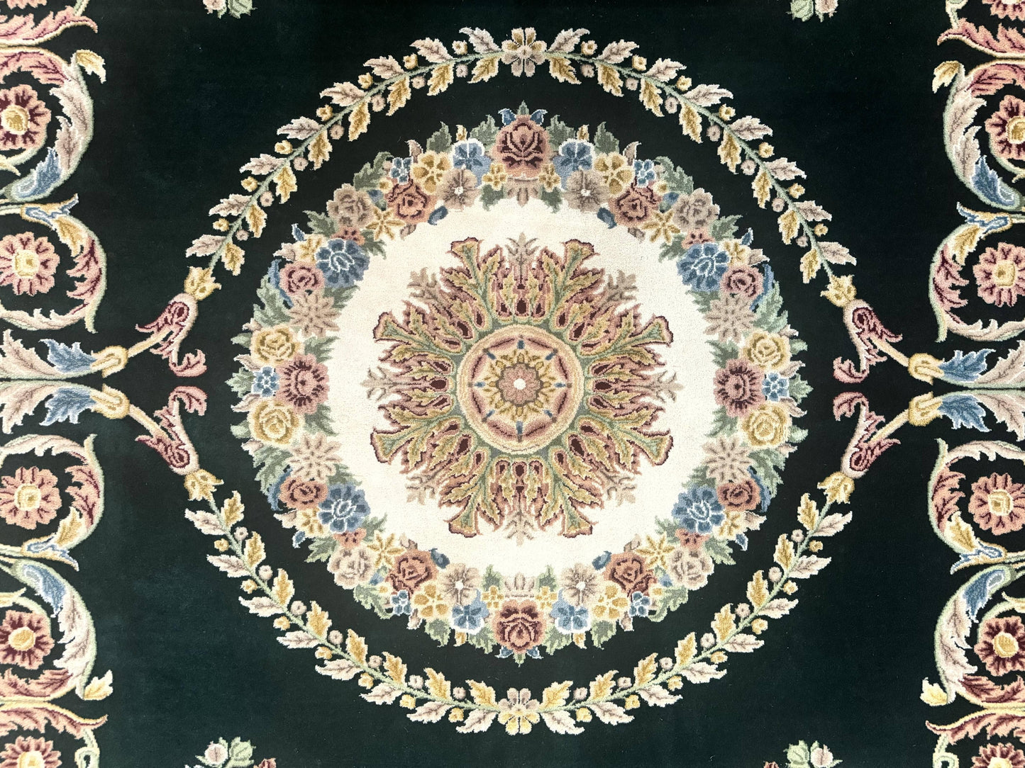 Aubusson Rug 9x12 Hand Knotted Wool Vintage European Design Dark Green Elegant Carpet