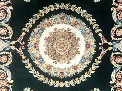 Aubusson Rug 9x12 Hand Knotted Wool Vintage European Design Dark Green Elegant Carpet